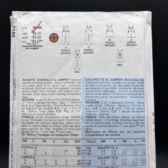Butterick Classics 5913 “Infants Overalls & Jumper”(L-XL)Sewing Pattern Uncut FF - Picture 3 of 5